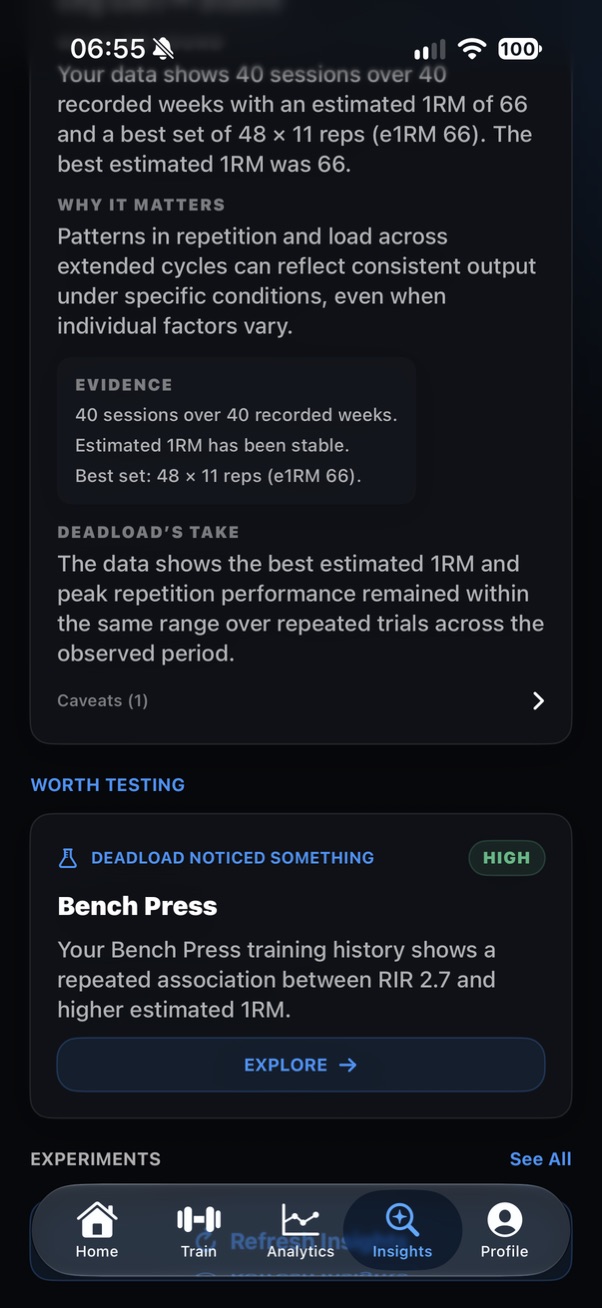 DEADLOAD Worth Testing insight showing an illustrative Bench Press observation and an Explore action.